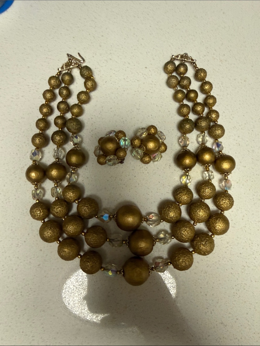 VTG Gold Tone Textured Bead 3 Strand Necklace Clip-On Earrings Aurora Borealis